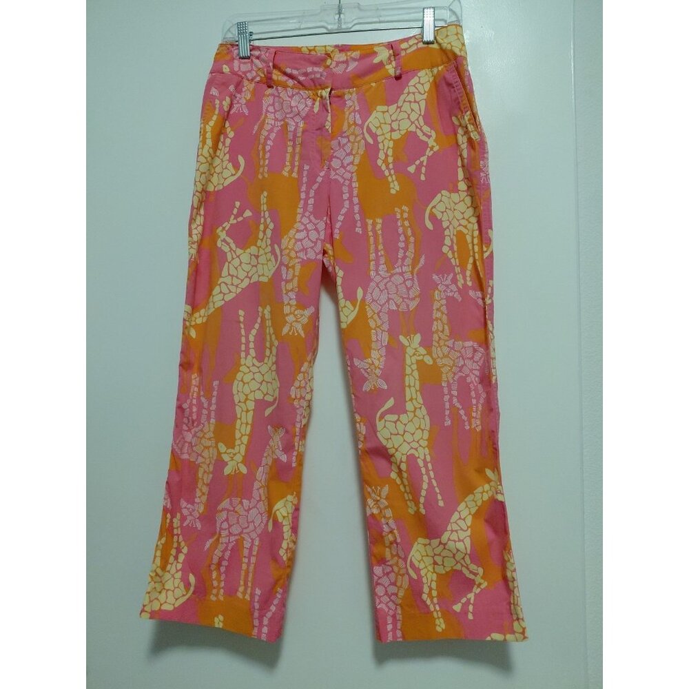 Lilly Pulitzer White Label Giraffe Print Capri Pants Pink Yellow Orange  4